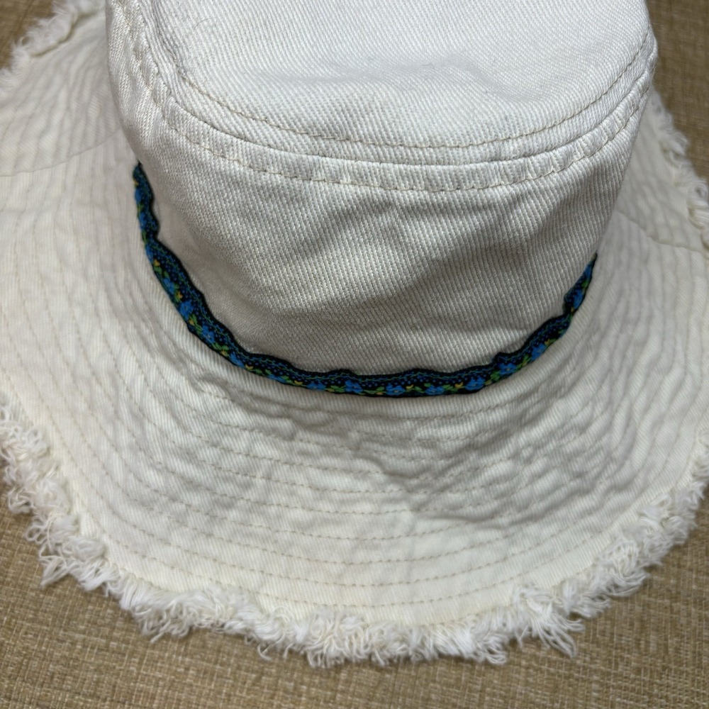 Natural Life Cream Denim Fringed Cotton Bucket Sun Beach Hat One Size Hippie
